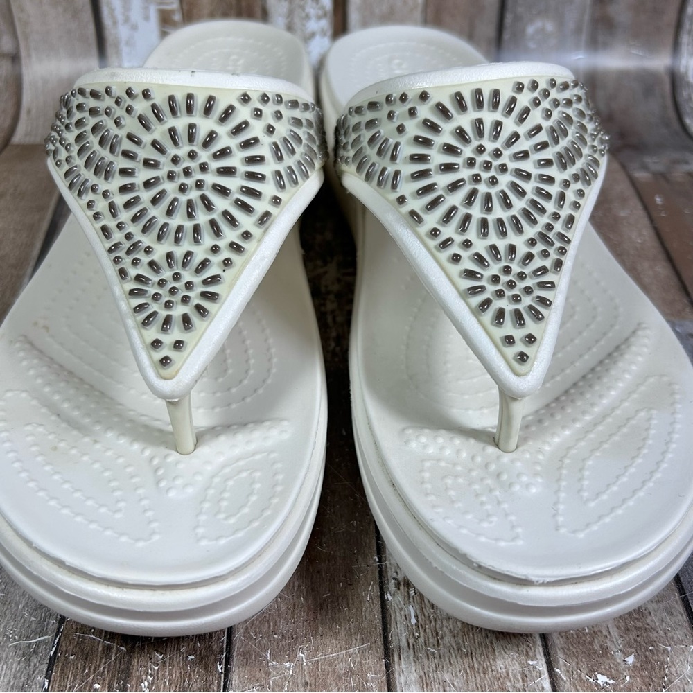 Crocs Monterey Diamante Women Size 8 Sandal White Embellished Wedge Flip Flop